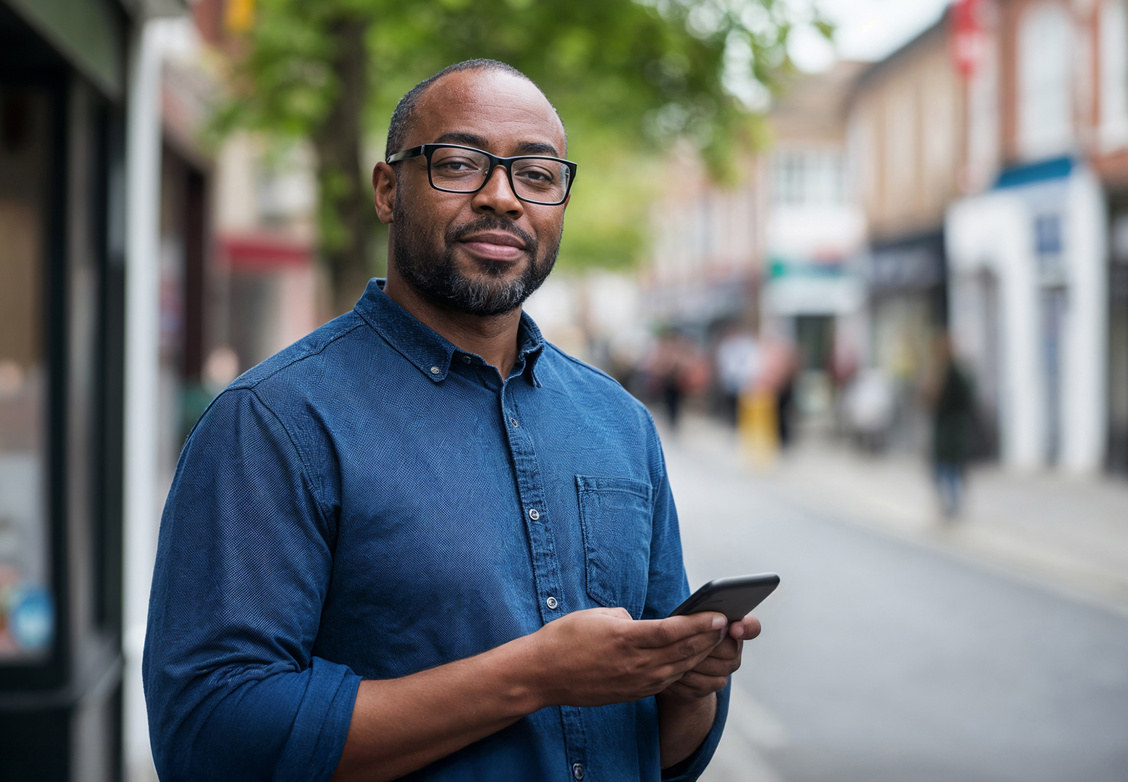 Man smiling while holding his phone
